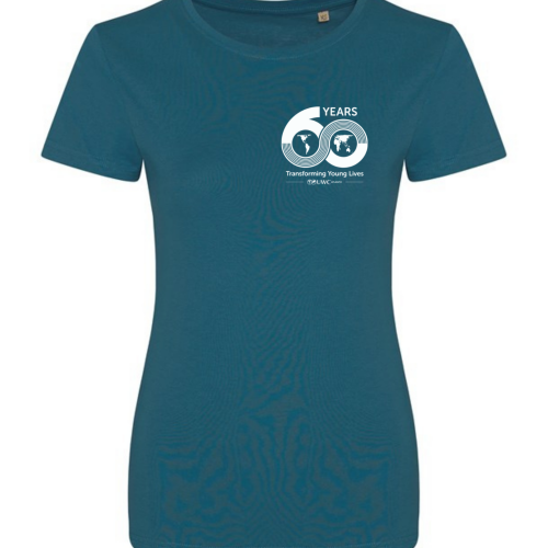 ink blue ladies fitted tshirt with 60th anniversary logo to breast
