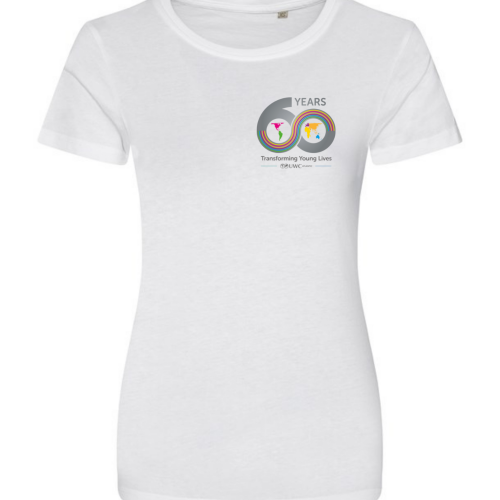 white ladies fitted tshirt with 60th anniversary logo to breast
