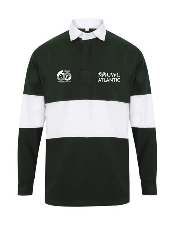 panelled rugby jersey in bottle green and white with 60th anniversary and uwc atlantic logo