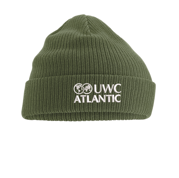 olive green beanie hat with embroidered logo